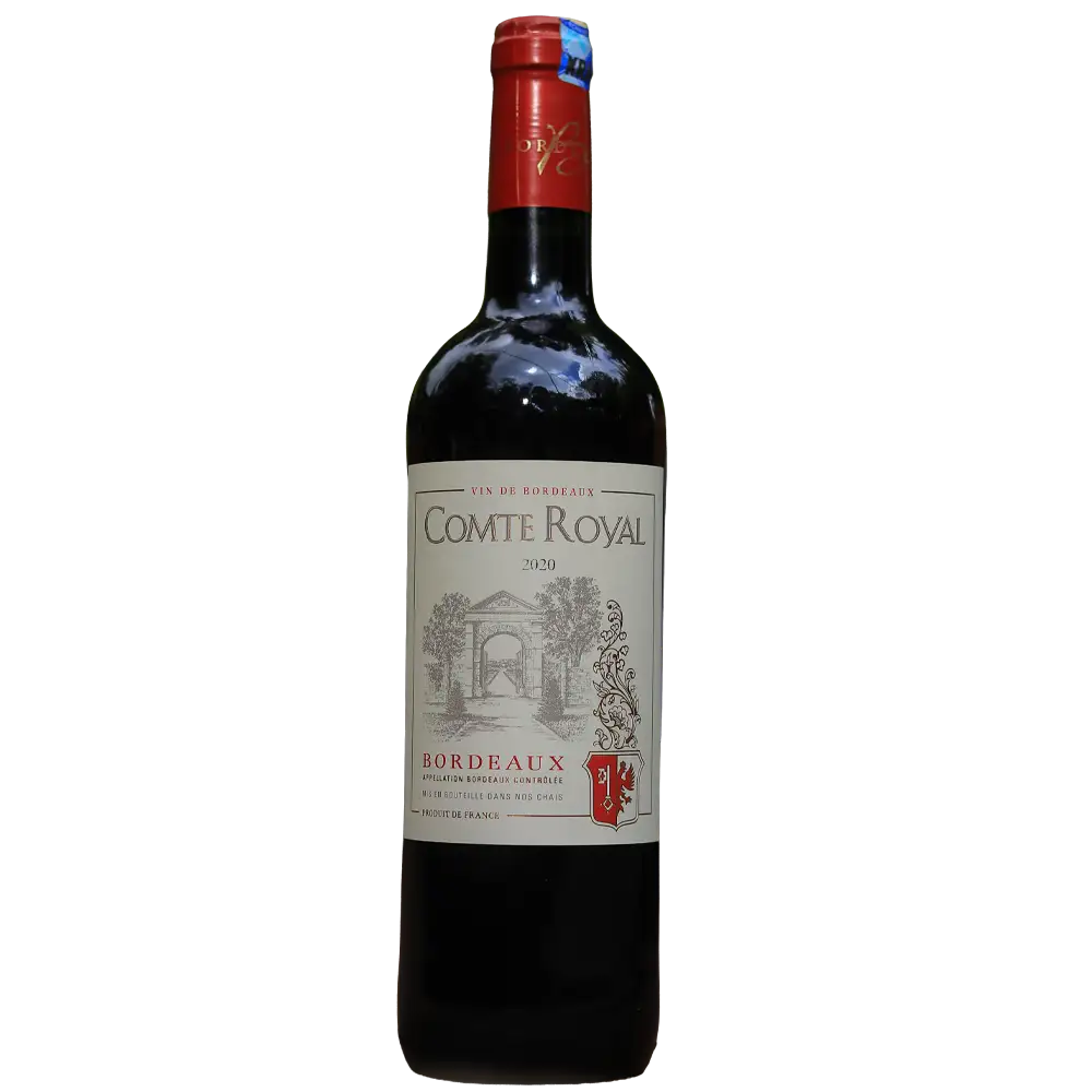 Bottle of Comte Royal Bordeaux red wine 2020 vintage